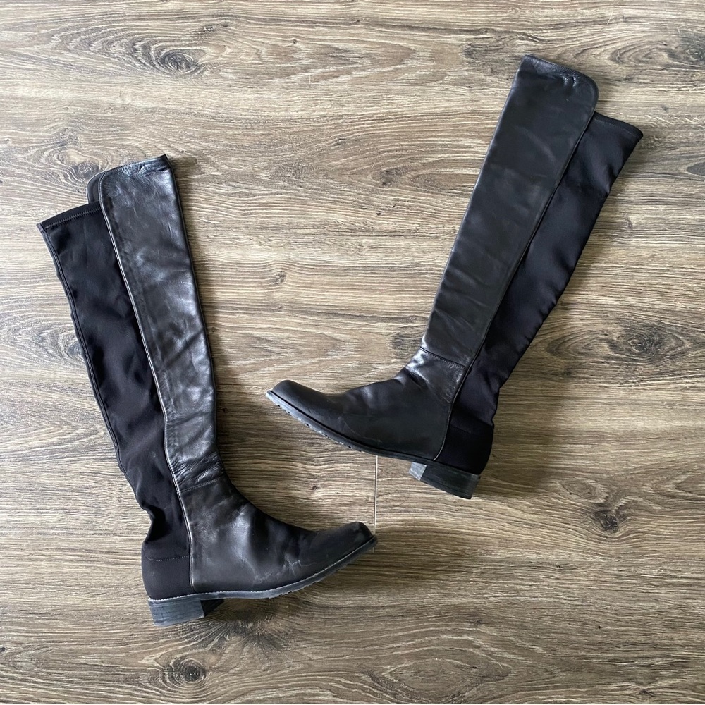 Stuart Weitzman Black Leather & Stretch Over-the-Knee Boots
